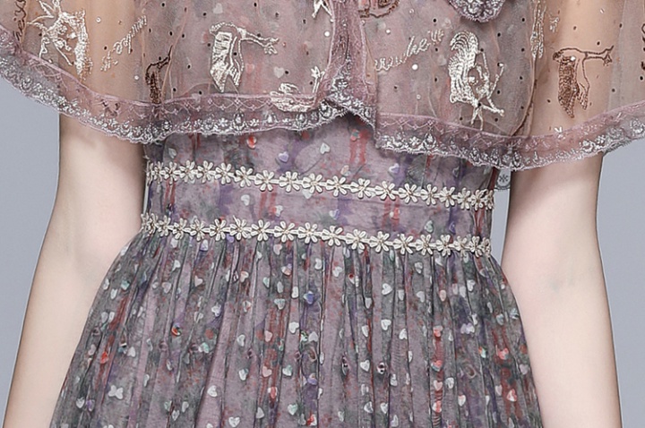 Retro embroidery gauze doll collar lace slim dress