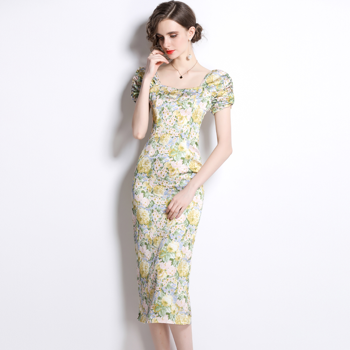 Flat shoulder daisy long dress retro floral dress