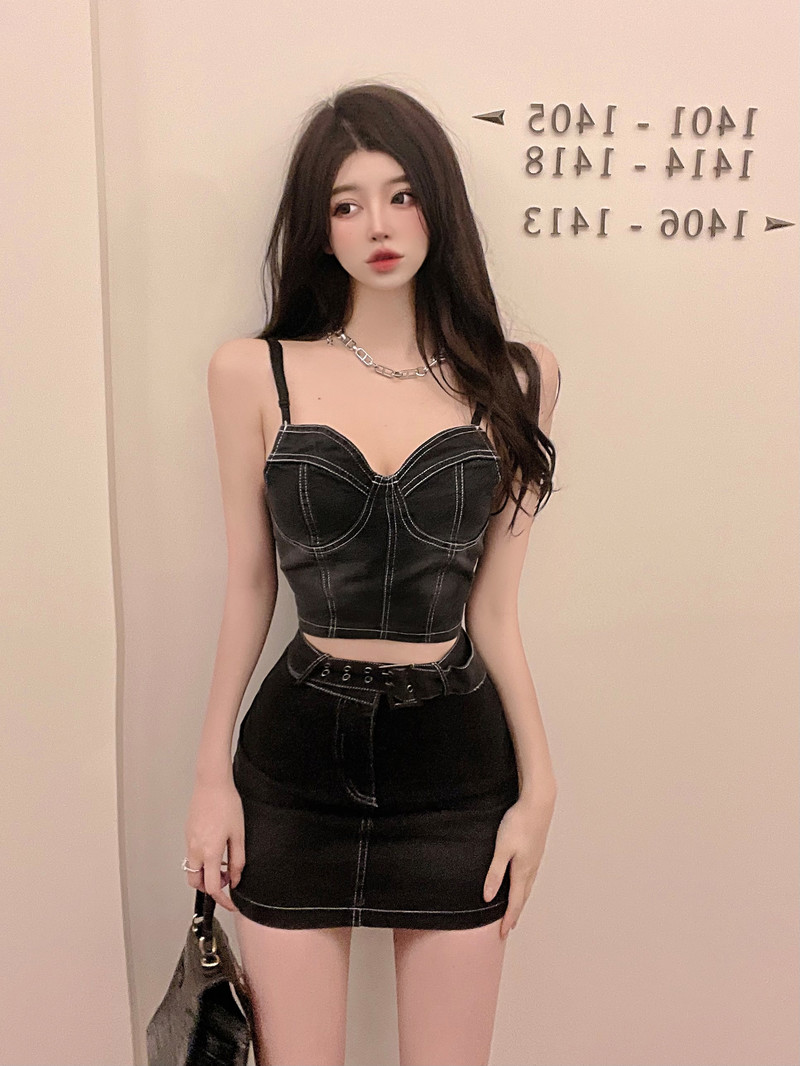 Slim denim skirt sexy vest 2pcs set for women
