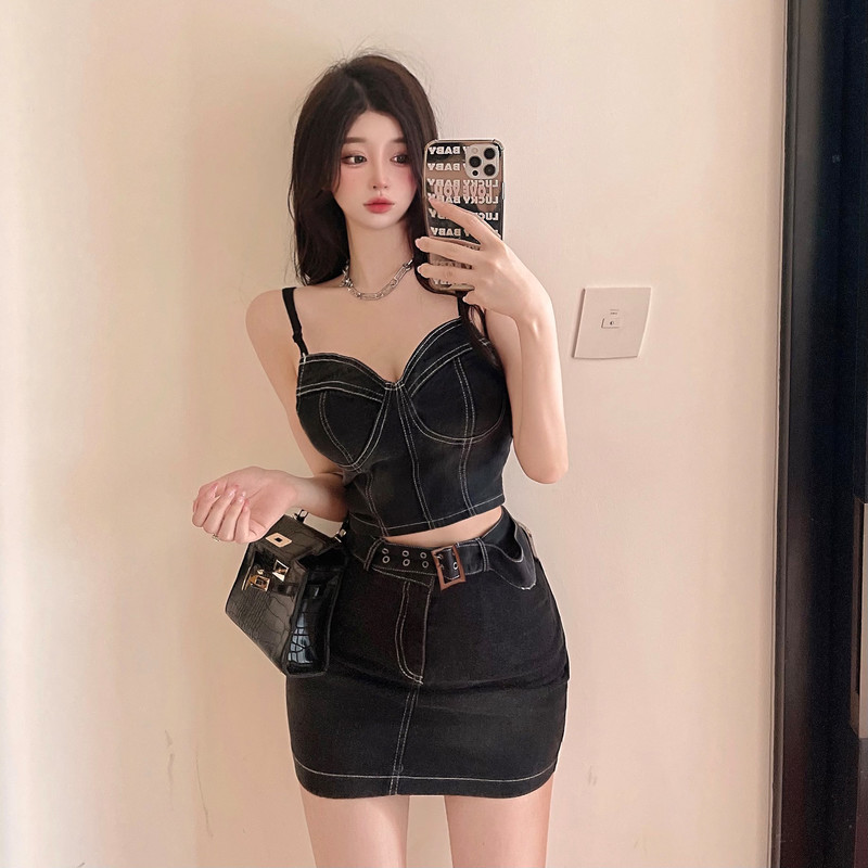 Slim denim skirt sexy vest 2pcs set for women
