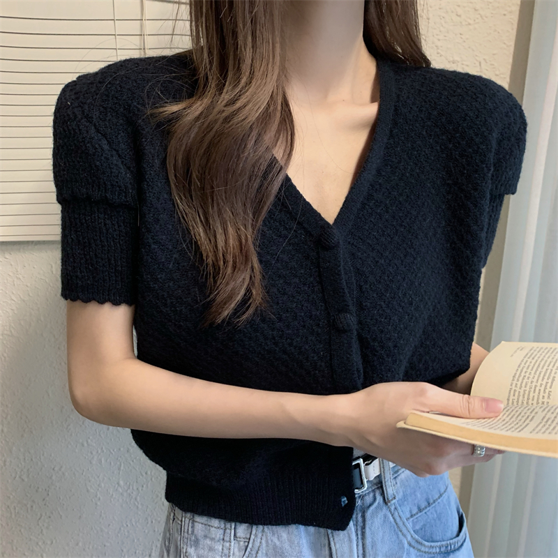 Buckle short sleeve tops V-neck knitted T-shirt
