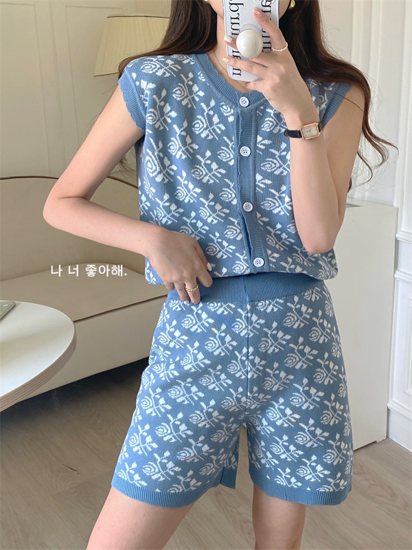 Blue floral loose summer Korean style casual pants 2pcs set