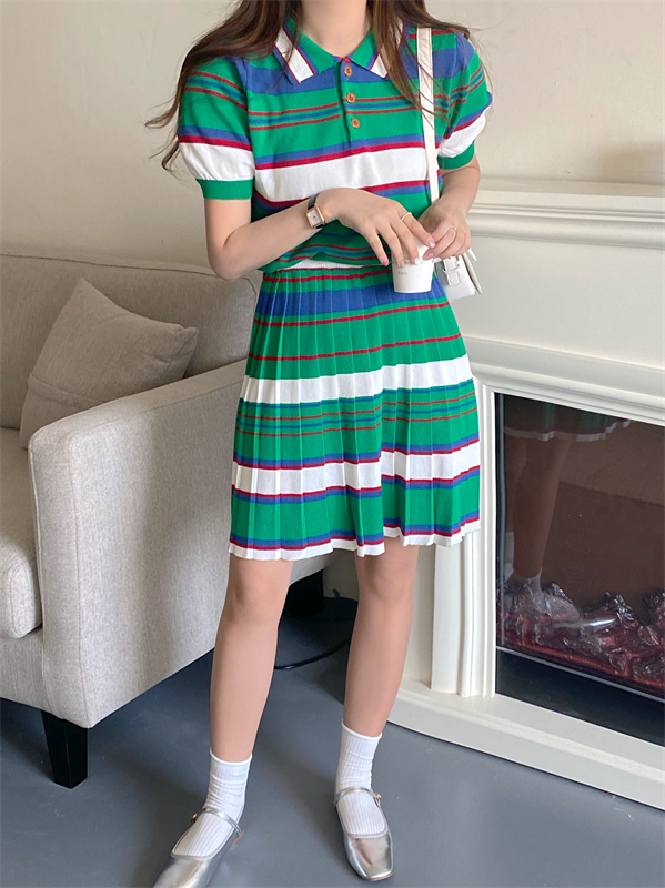 Stripe knitted summer short skirt 2pcs set