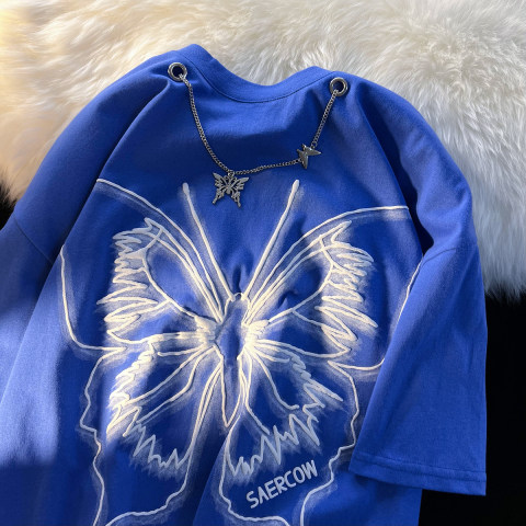 Butterfly summer T-shirt short sleeve couples necklace