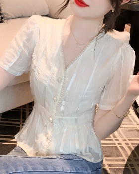 Pearl short sleeve tops summer chiffon shirt for women