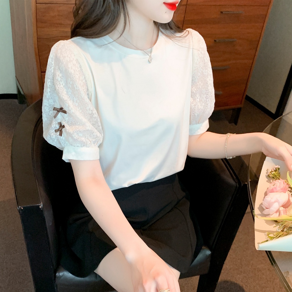Pure cotton lace tops bow puff sleeve T-shirt for women