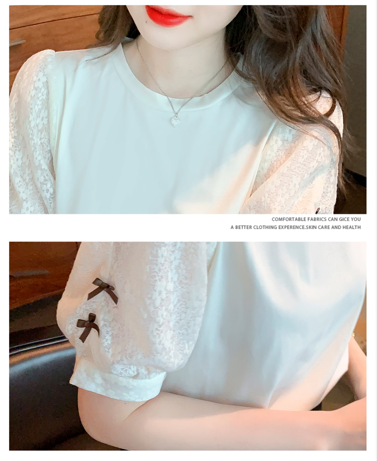 Pure cotton lace tops bow puff sleeve T-shirt for women