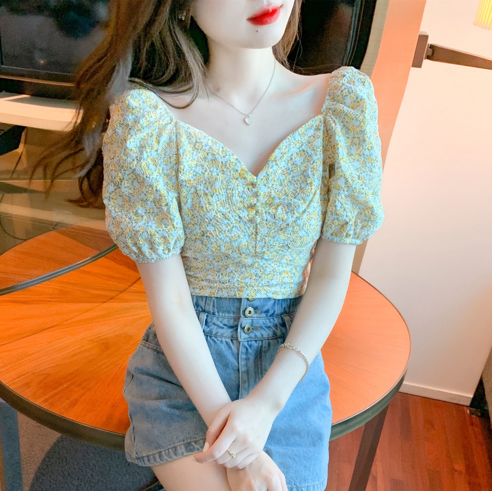 Temperament tender lady small shirt floral puff sleeve tops