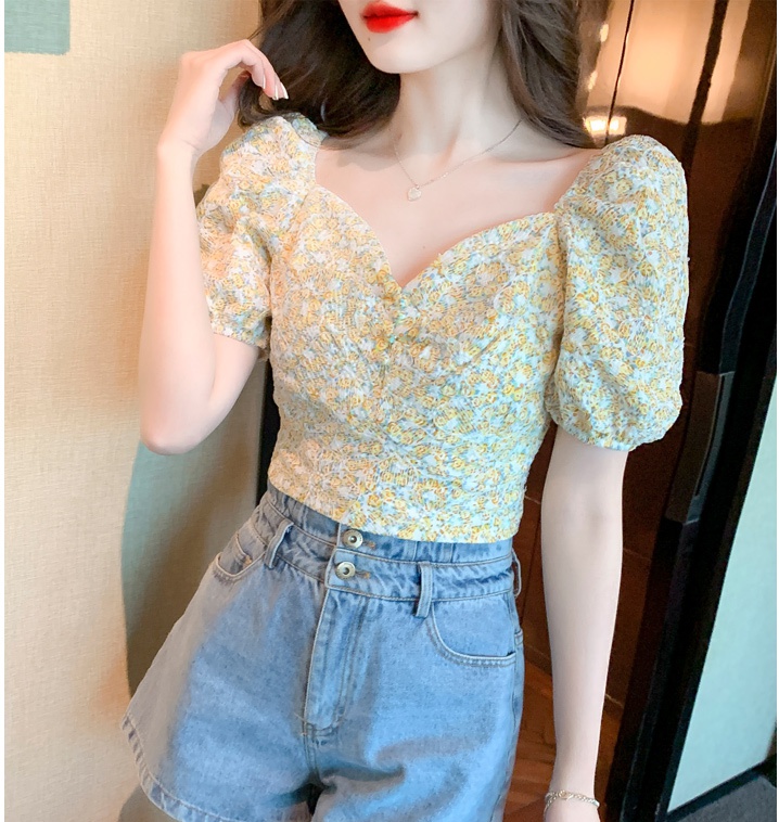 Temperament tender lady small shirt floral puff sleeve tops