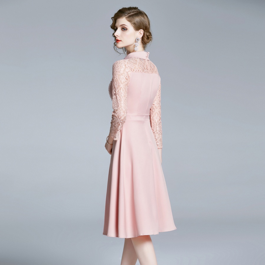 Splice pinched waist lace doll collar dress for women