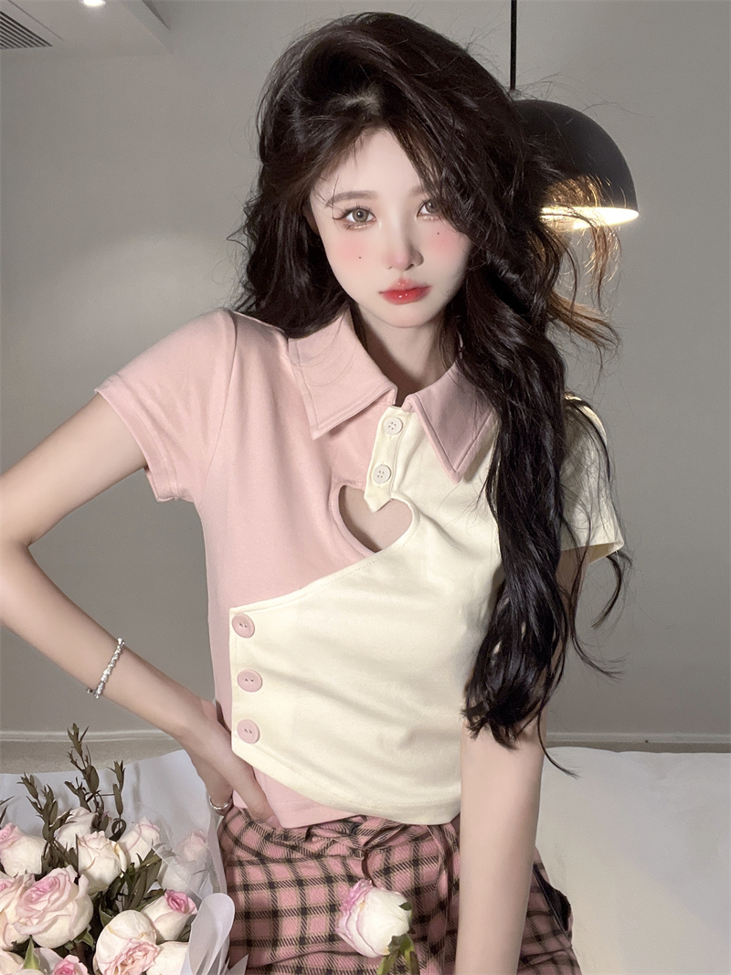 Mixed colors irregular pink short sleeve T-shirt for women