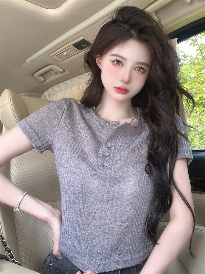 Retro round neck tops buckle short sleeve sweater for women