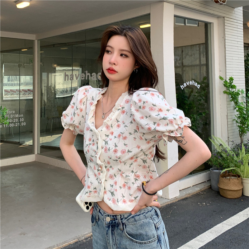 Thin floral puff sleeve shirt unique France style tops