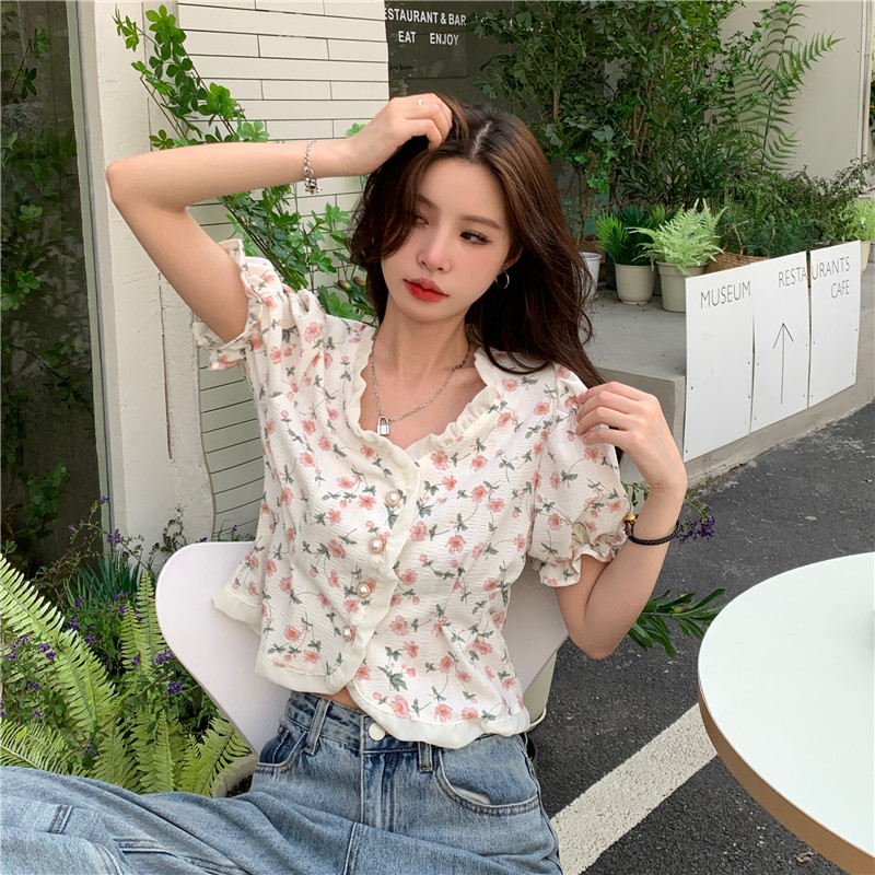 Thin floral puff sleeve shirt unique France style tops