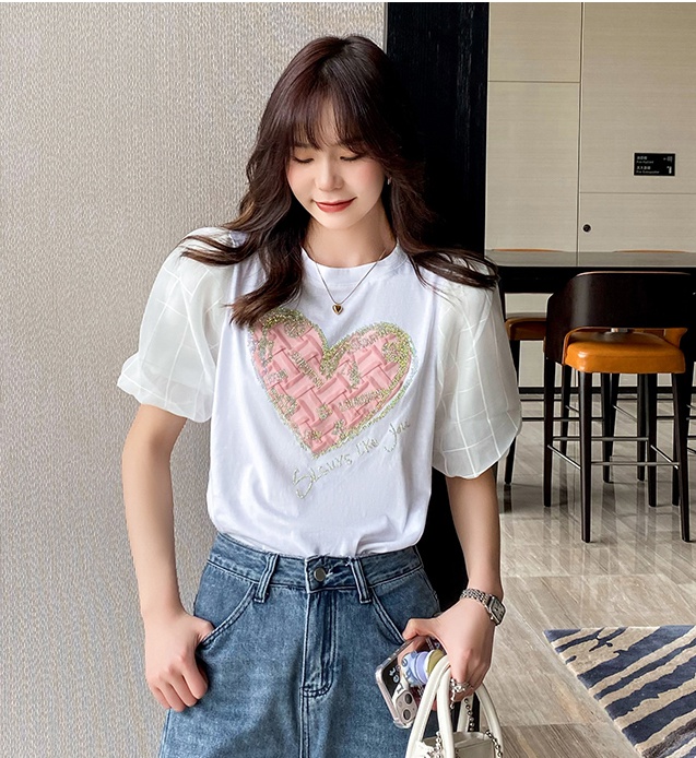 Puff sleeve Korean style T-shirt heart tops