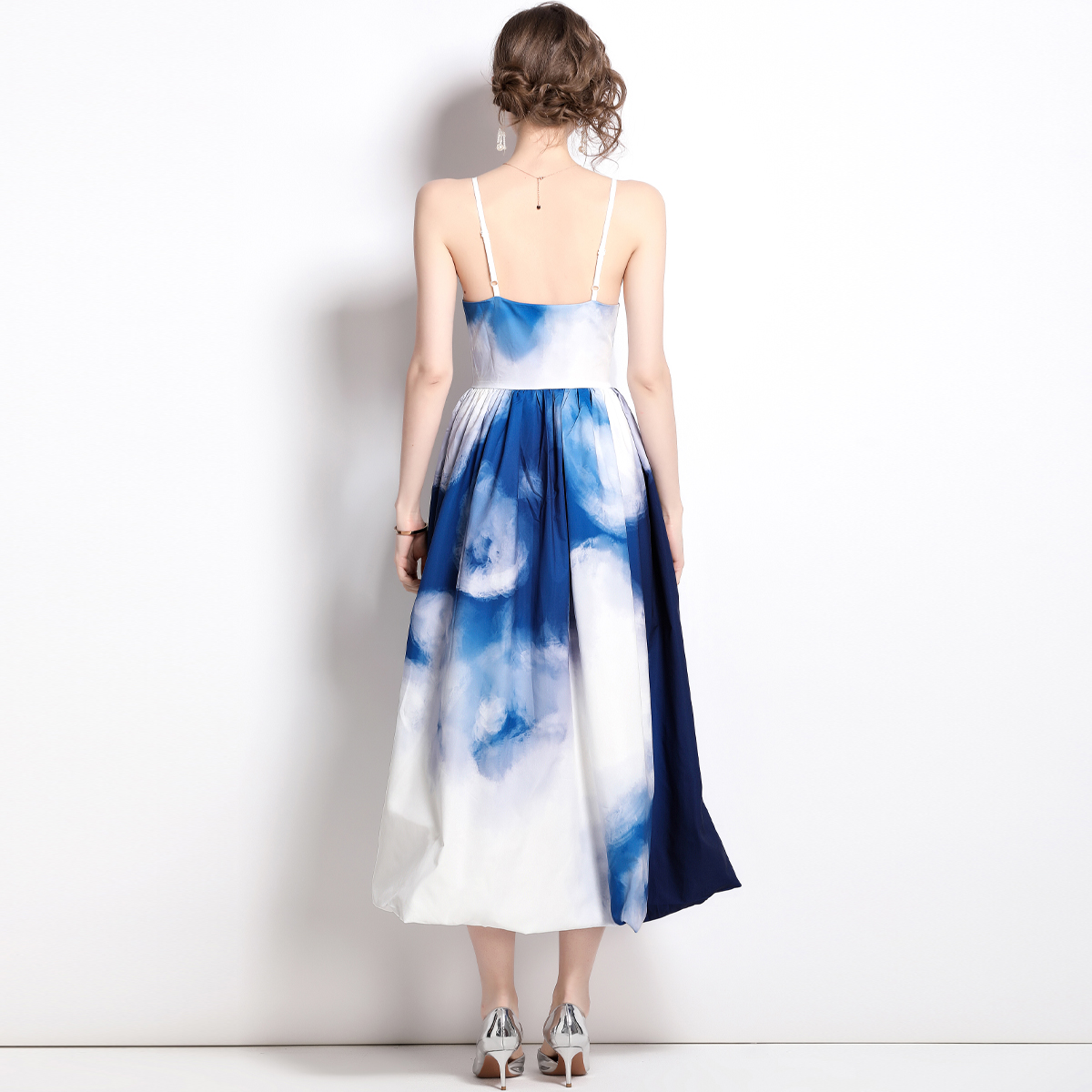 Tie dye lined blue dress ink pinched waist sling formal dress