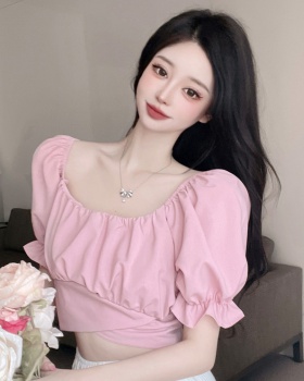 Summer sexy pink tops square collar flat shoulder small shirt
