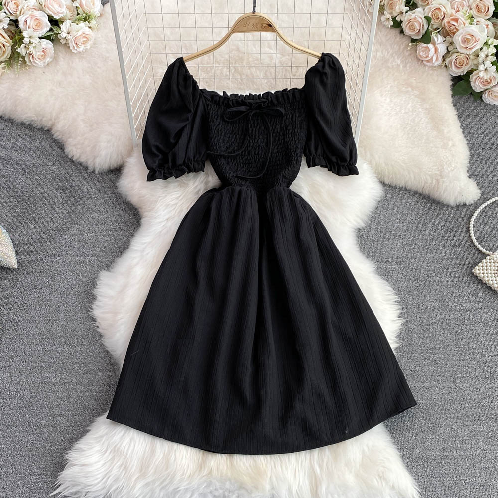 Bow France style maiden retro square collar dress