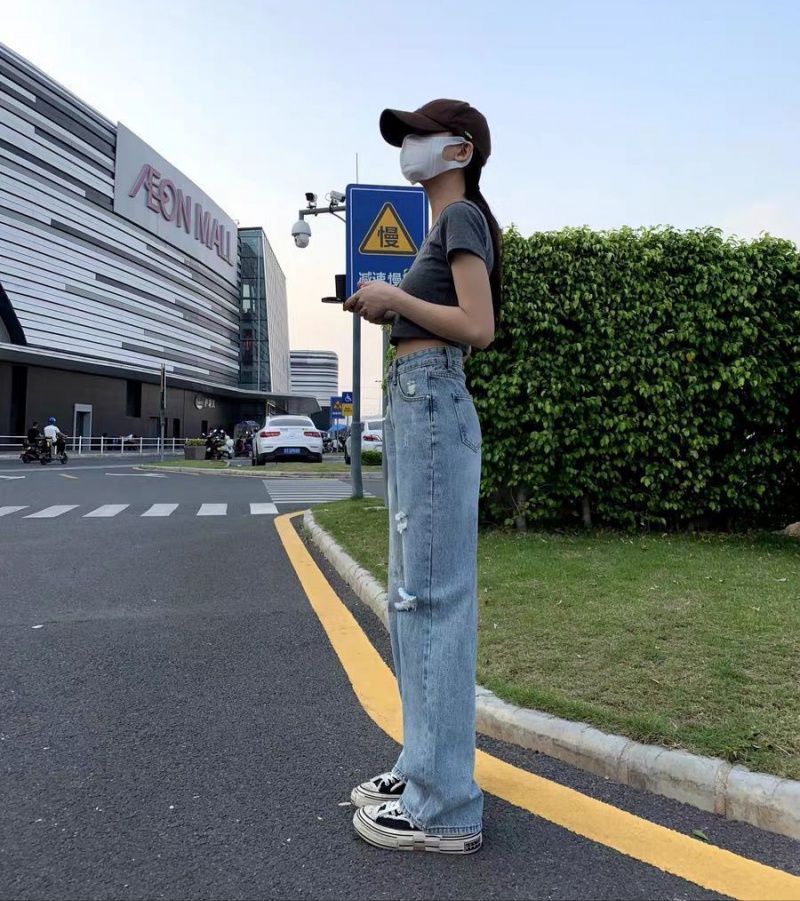Temperament high waist Korean style straight jeans