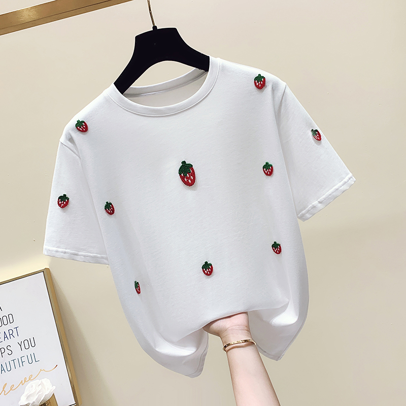 Embroidery strawberries Western style T-shirt for women
