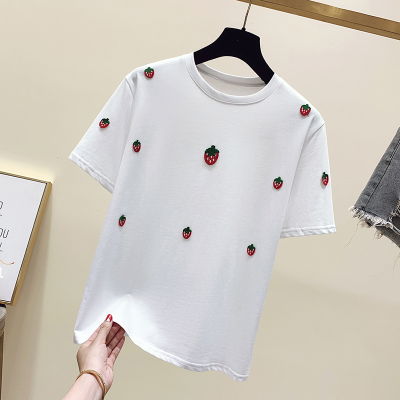 Embroidery strawberries Western style T-shirt for women