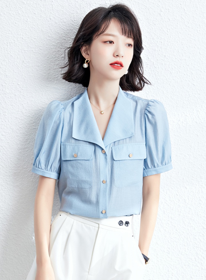 Blue France style shirt short sleeve summer tops