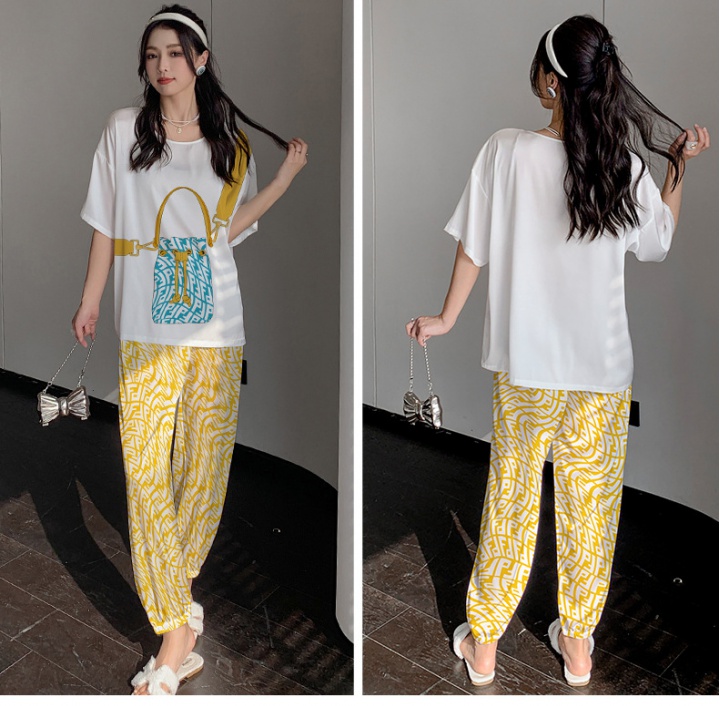 Satin long pants student pajamas 2pcs set for women