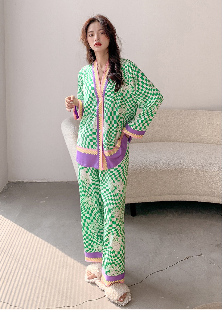 Thin plaid long pants silky ice silk pajamas a set for women