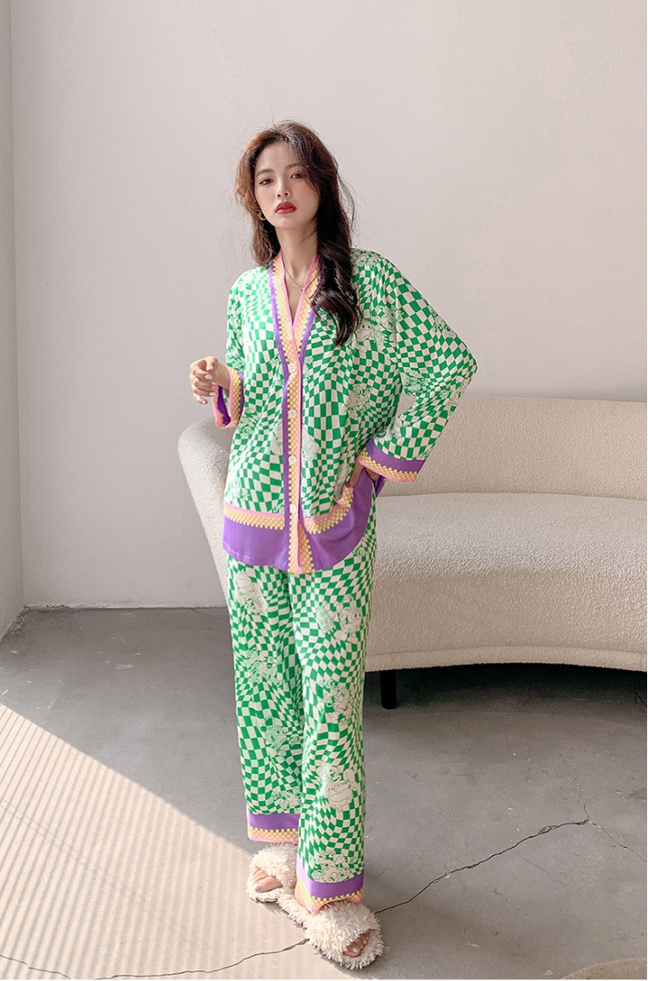 Thin plaid long pants silky ice silk pajamas a set for women