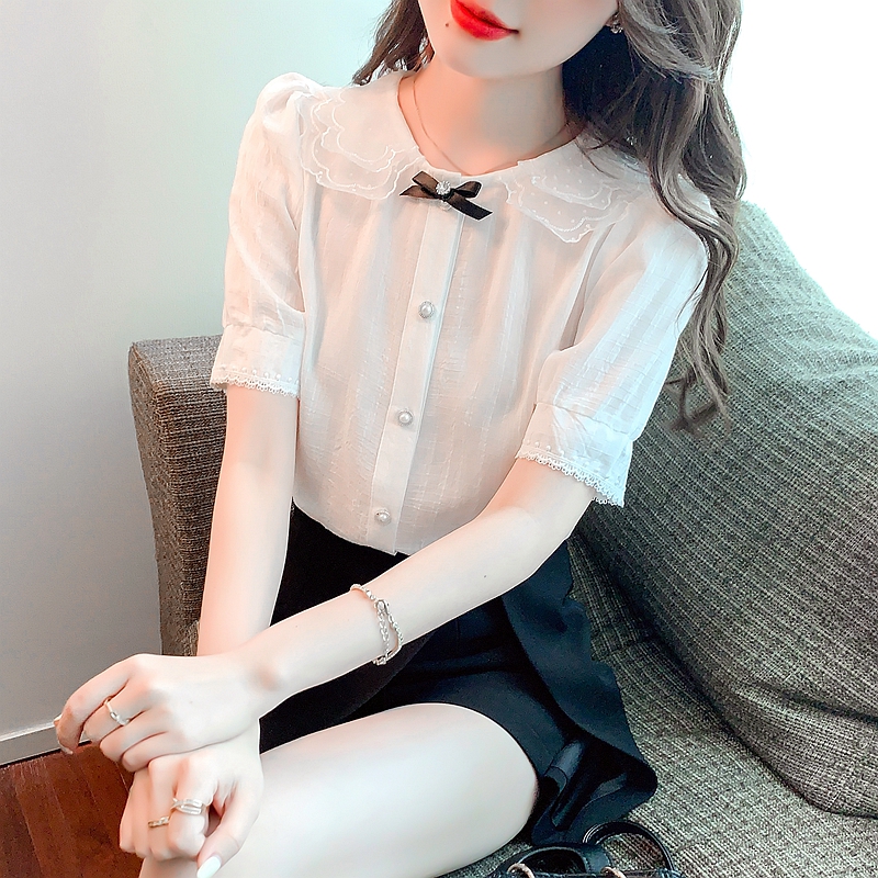 Summer white tops doll collar short sleeve shirt for women