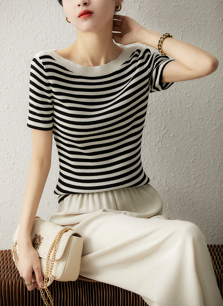 Silk stripe summer short sleeve knitted T-shirt