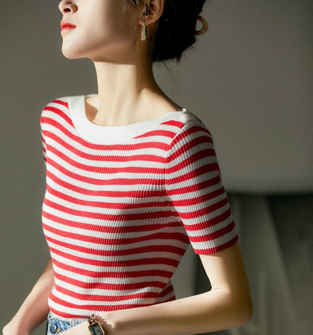 Silk stripe summer short sleeve knitted T-shirt