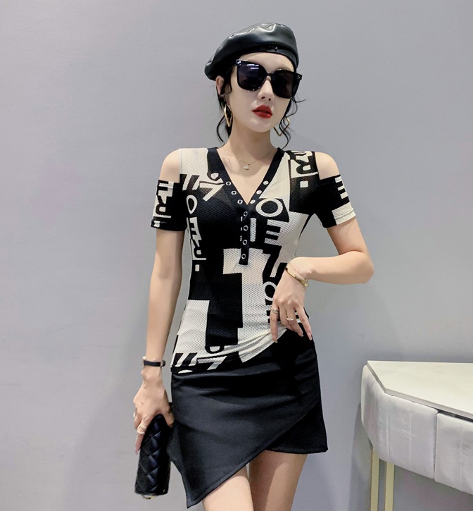 All-match fashion printing T-shirt summer strapless sexy tops