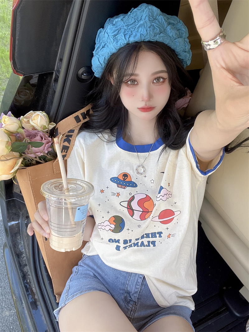 Printing round neck retro T-shirt mixed colors short sleeve tops