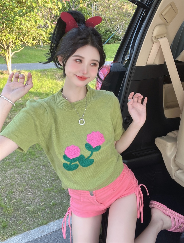 Stereoscopic green sweater summer thin tops for women