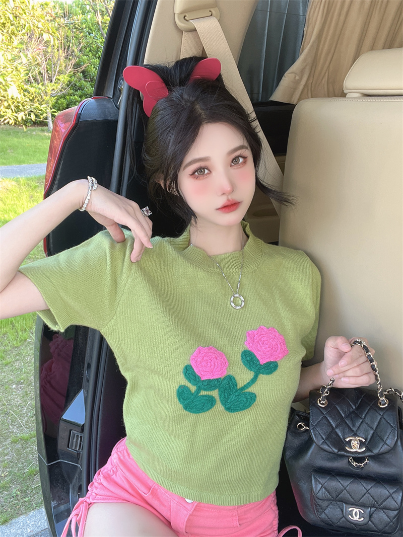 Stereoscopic green sweater summer thin tops for women