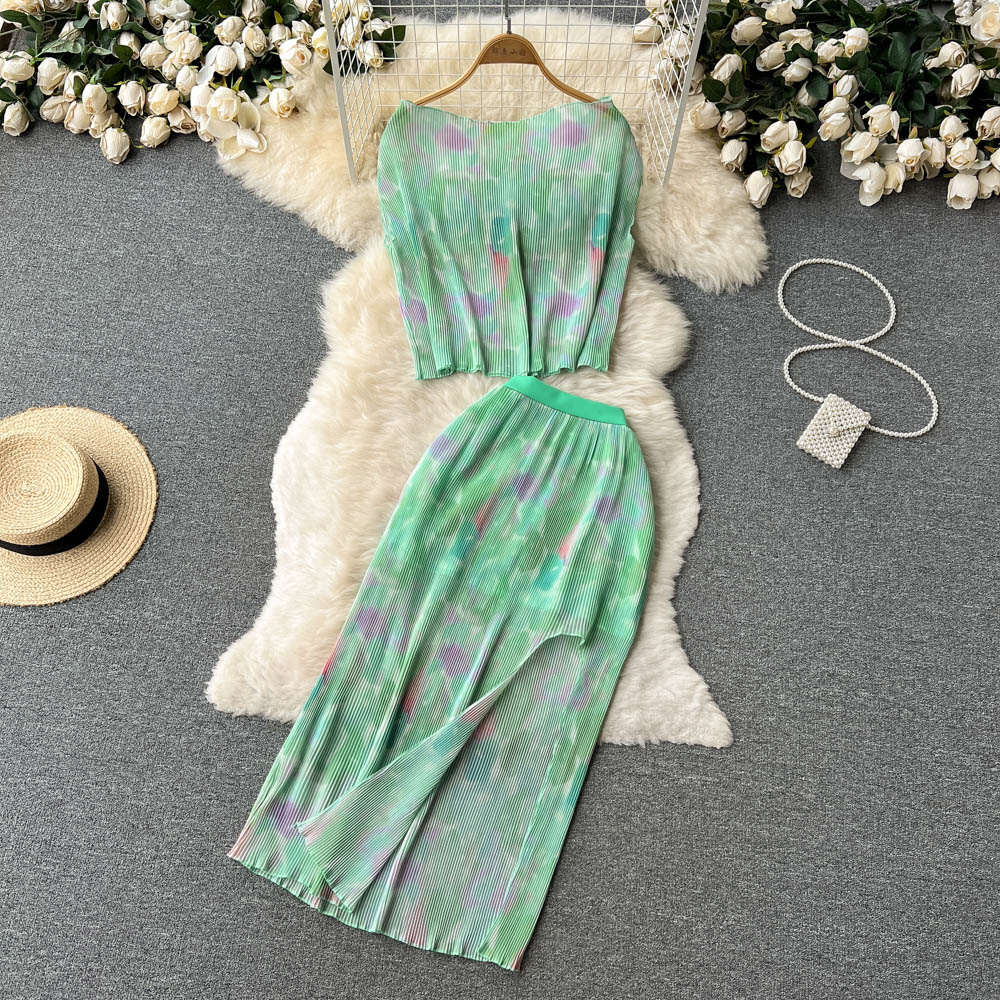 Travel seaside split tops printing fashion skirt a set