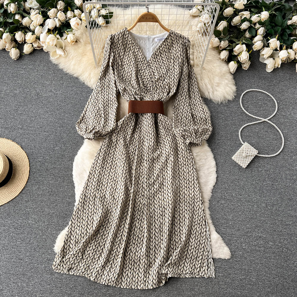 V-neck pinched waist spring and autumn dress for women