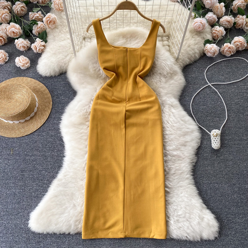 Summer slim dress square collar clavicle for women