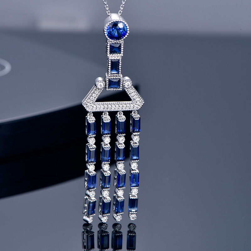 Sapphire pendant simulation long tassels necklace for women