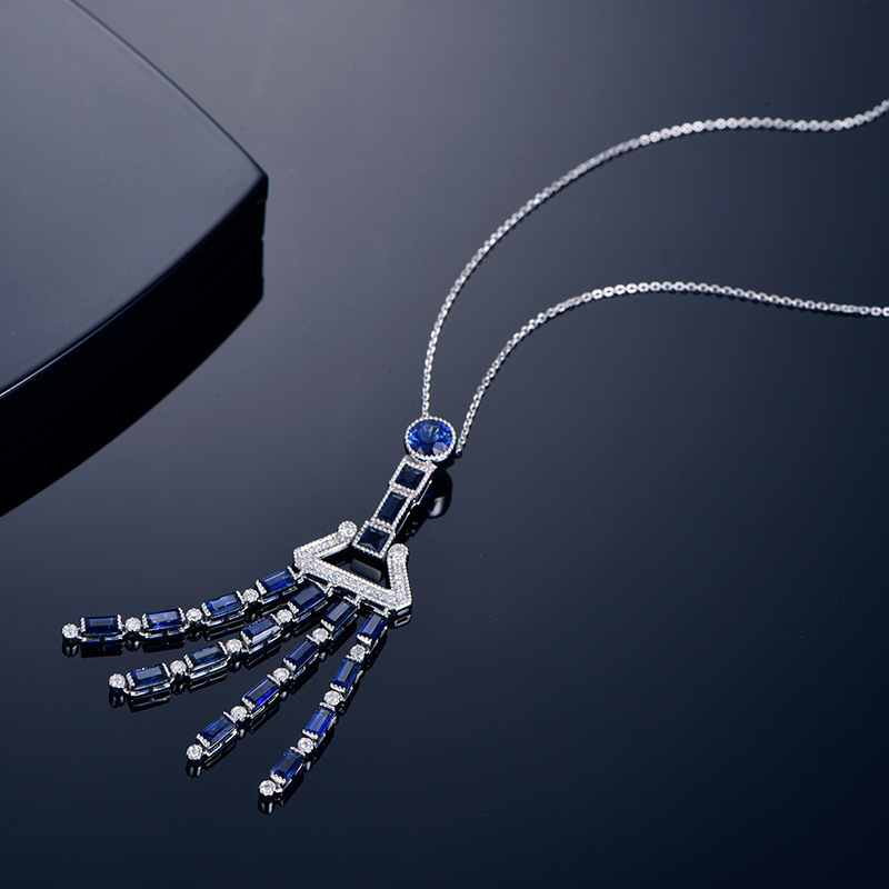 Sapphire pendant simulation long tassels necklace for women