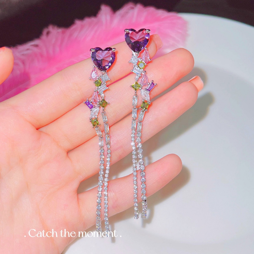 Tassels personality purple long heart stud earrings for women