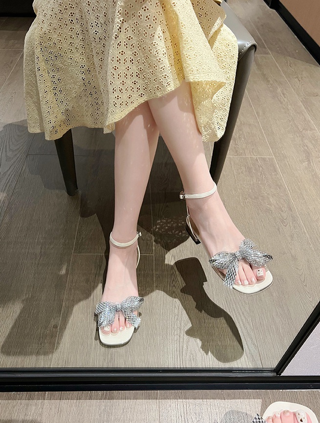 Summer low rhinestone bow thick square head maiden sandals