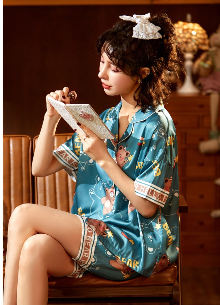 Thin homewear cartoon silk summer pajamas 2pcs set for women