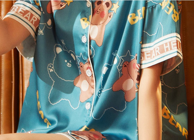Thin homewear cartoon silk summer pajamas 2pcs set for women