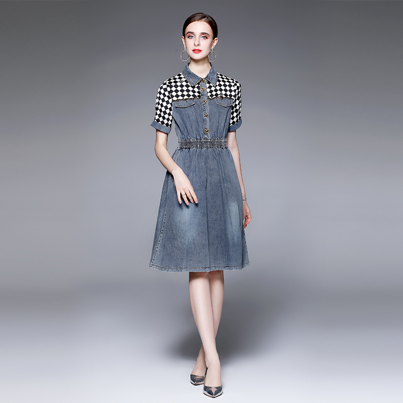Chessboard washed binding lapel pinched waist dress