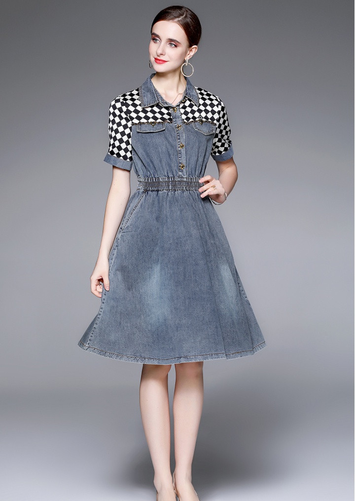 Chessboard washed binding lapel pinched waist dress
