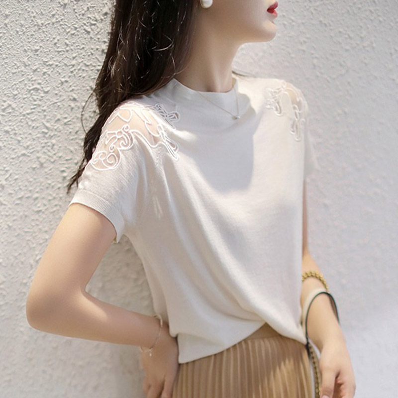 Short sleeve ice silk embroidery knitted gauze tops