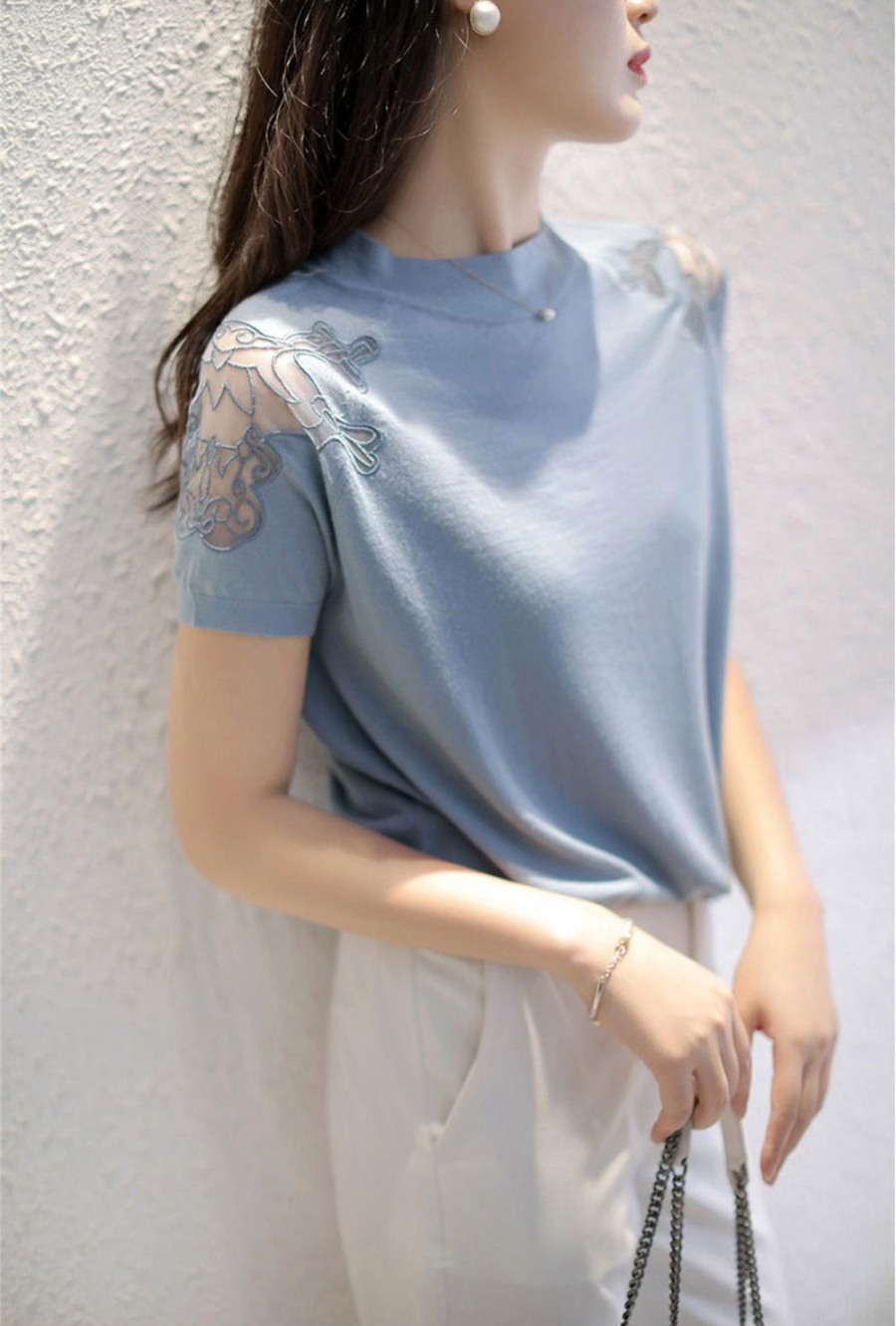 Short sleeve ice silk embroidery knitted gauze tops