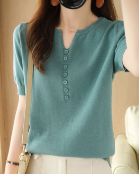 V-neck short sleeve T-shirt knitted tops for women